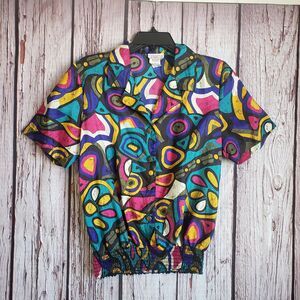 Lauren Lee Vintage  Blouse 8 Abstract Floral Buttons Made USA Polyester 80s